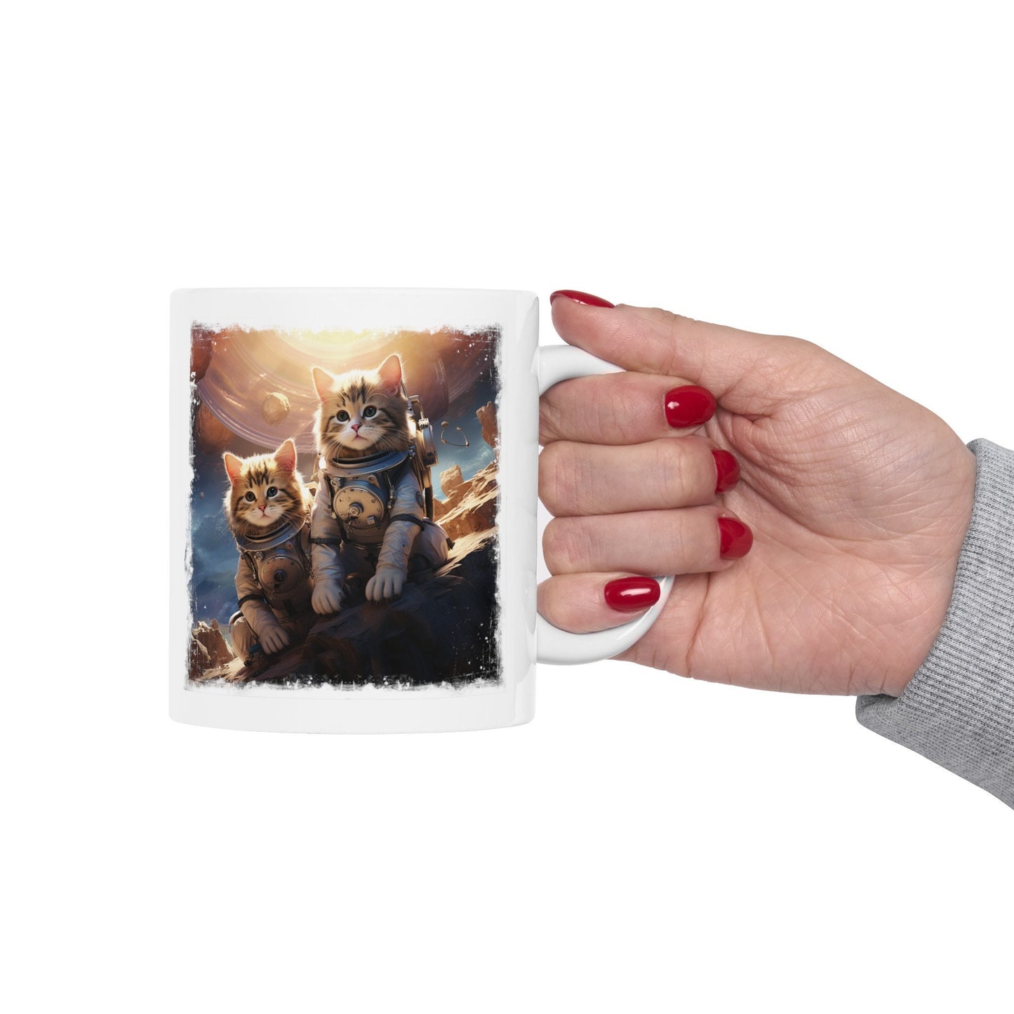 Kittens in Space Coffee Mug, Astronaut Cats Mug, Cats Exploring foreign Planet teacup. Curious Space cats on an alien world Mug,