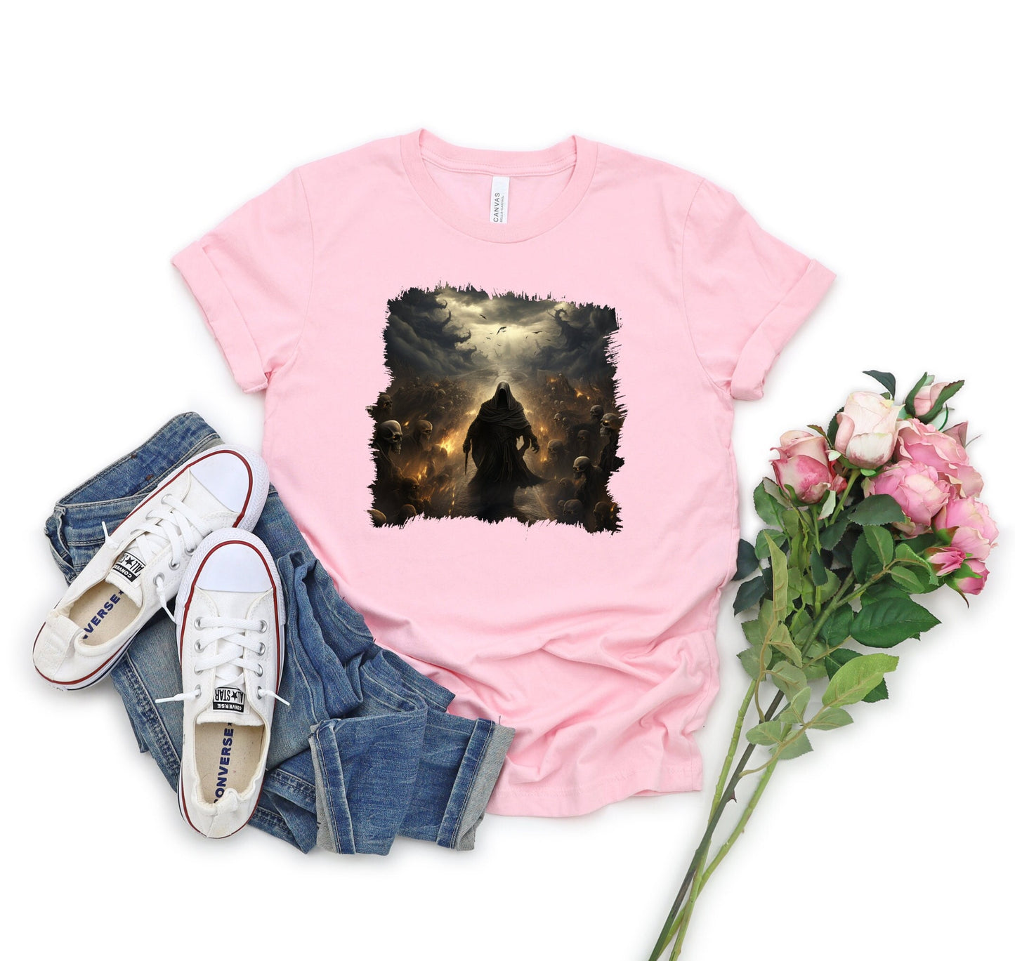 Grim Reaper Walking on Road to Hell Shirt with Skeletons on Each Side, Gothic Horror Graphic Tee, Dark Fantasy Art Apparel