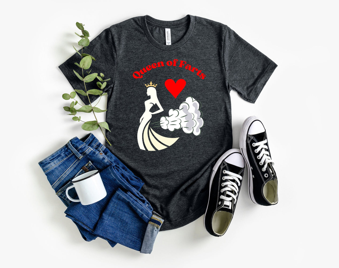 Funny T shirt with the words Queen of Hearts in Red. The main image is of a queen with her crown and what appears as smoke trailing behind her. There is a red heart between the queen and the words. See more great shirts at www.scorpiontees.etsy.com