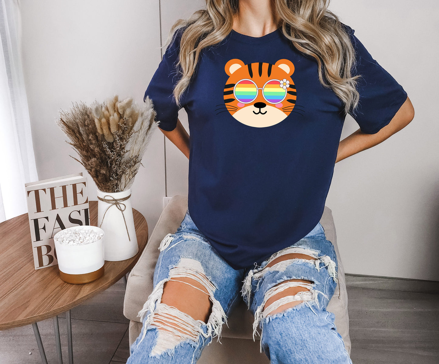 cute tiger rainbow glasses shirt blue hat, Rainbow glasses on an adorable tiger, precious tiger showing off pride. Beautiful pride tiger
