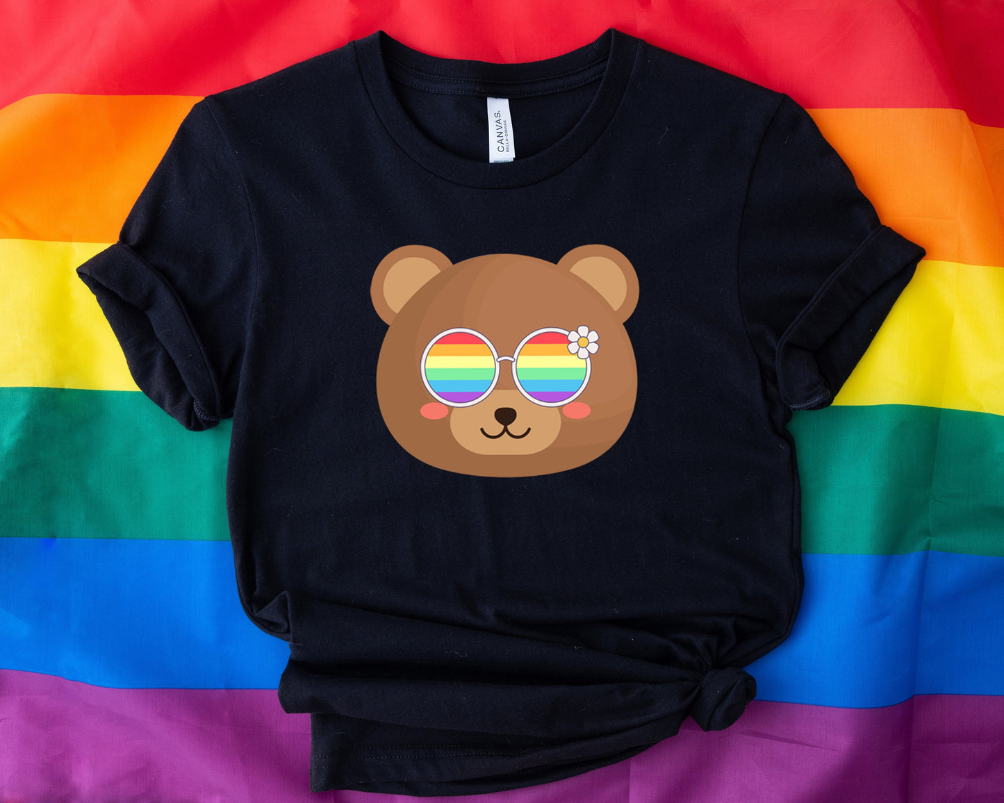 cute bear with rainbow glasses shirt blue hat, Rainbow glasses on an adorable bear, precious bear showing off pride. Beautiful pride bear