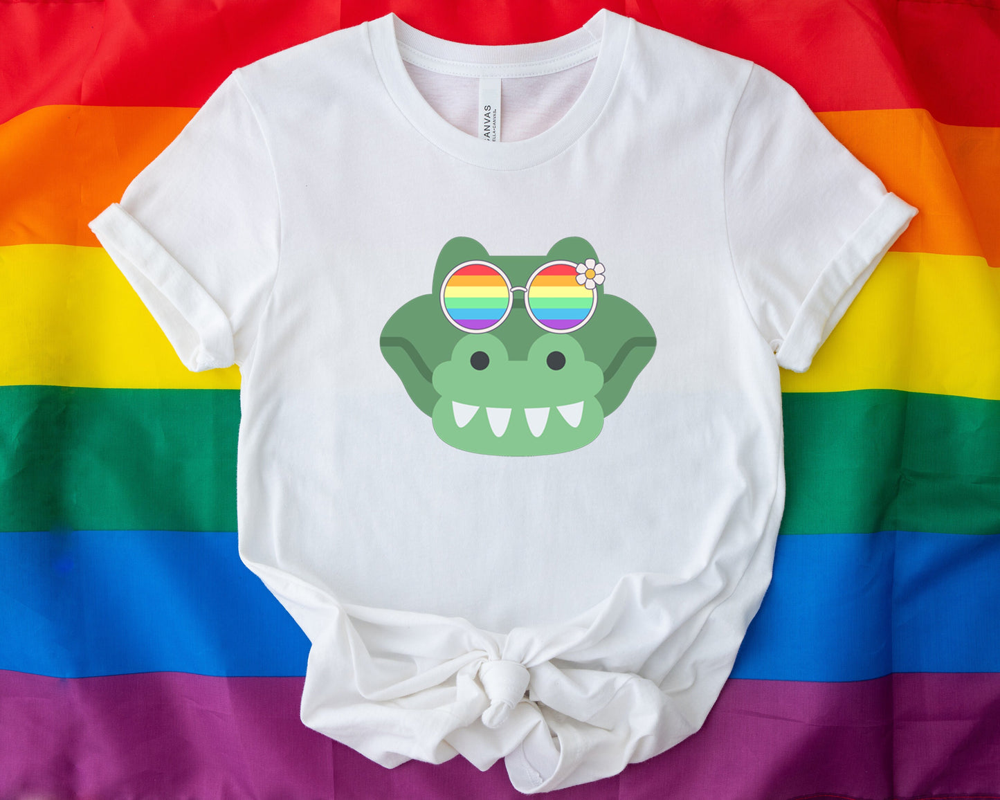 Super cute gator with rainbow glasses shirt, Rainbow glasses on an adorable gator, precious gator showing off pride. Beautiful pride gator