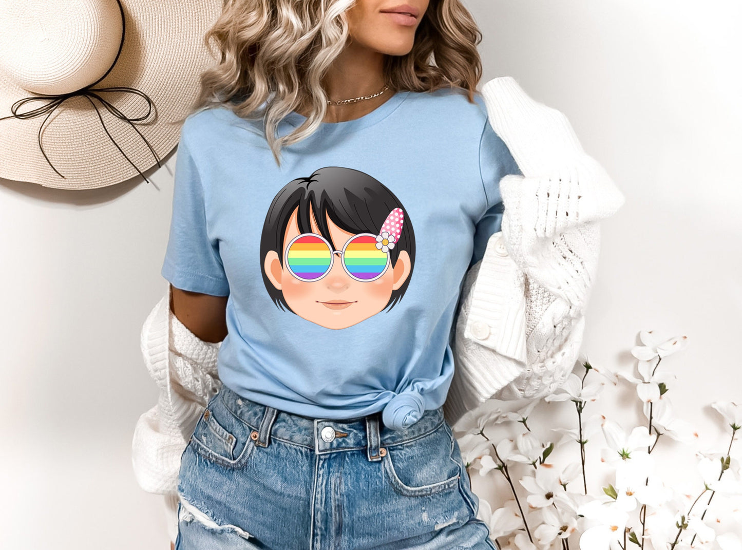 Super cute girl with rainbow glasses shirt, Rainbow glasses on an adorable girl, precious girl showing off pride. Beautiful pride girl
