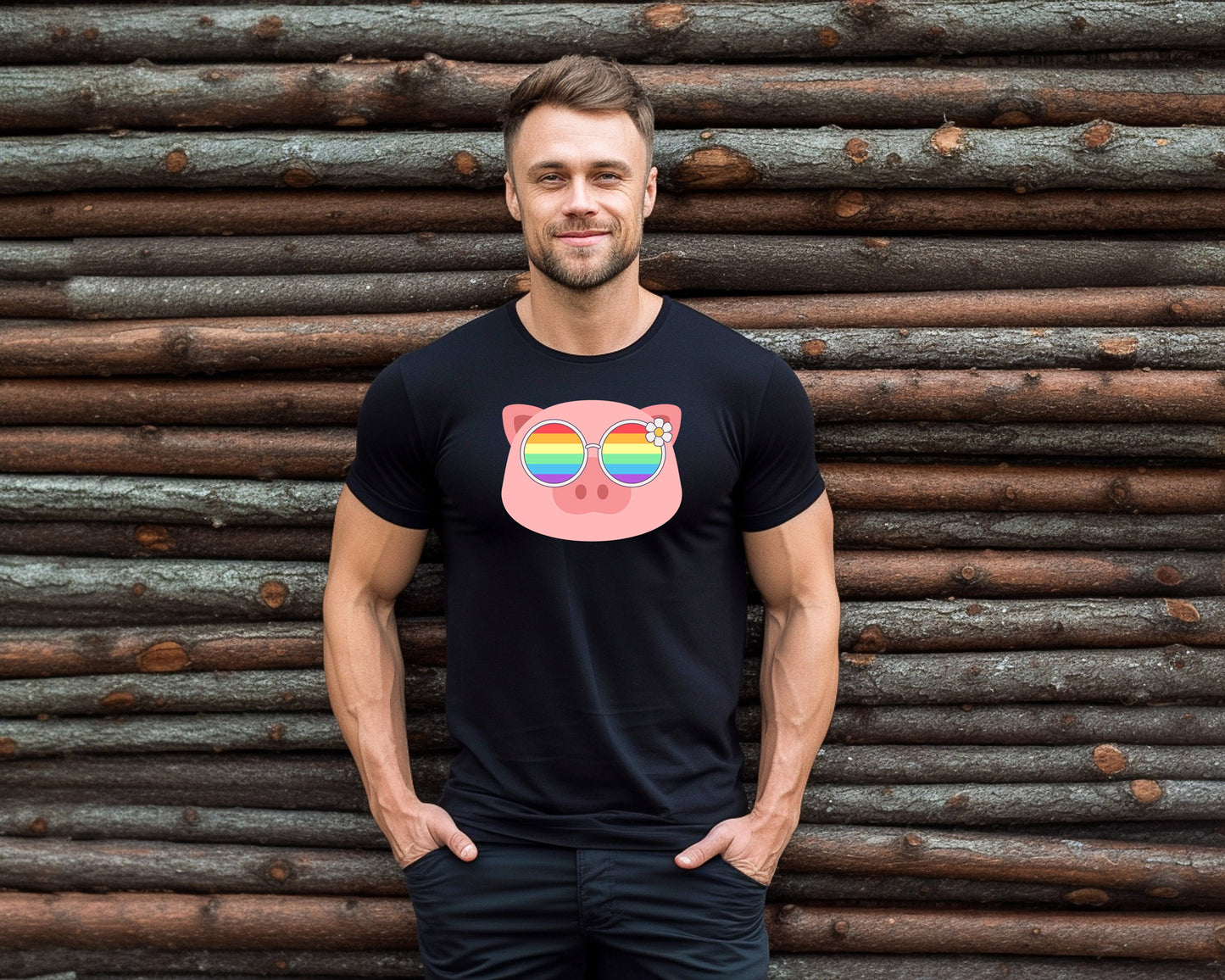 Super cute piggy rainbow glasses blue hat shirt, Rainbow glasses on an adorable pig, precious pig showing off pride. Beautiful pride pig
