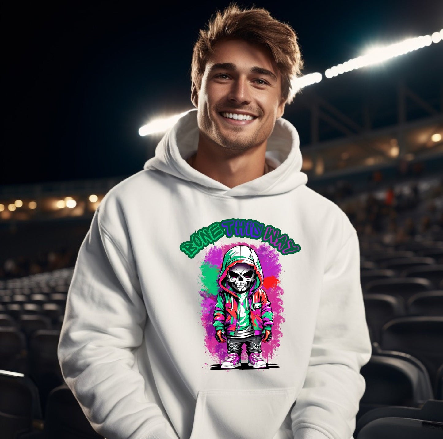Bone This Way Skeleton Hoodie by Scorpion Tees and More. Cute colorful Skeleton with hoodie wearing hip hop style clothing. This Hoodie will go great with any outfit. Beautiful design and stylish as well as very warm and comfortable.