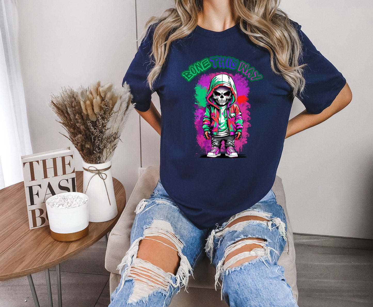 Bone This Way Skeleton T shirt by Scorpion Tees and More. Cute colorful skeleton t shirt. Skeleton with hoodie wearing hip hop style clothing. T shirt would go great with any outfit. Beautiful design and stylish as well as very comfortable.