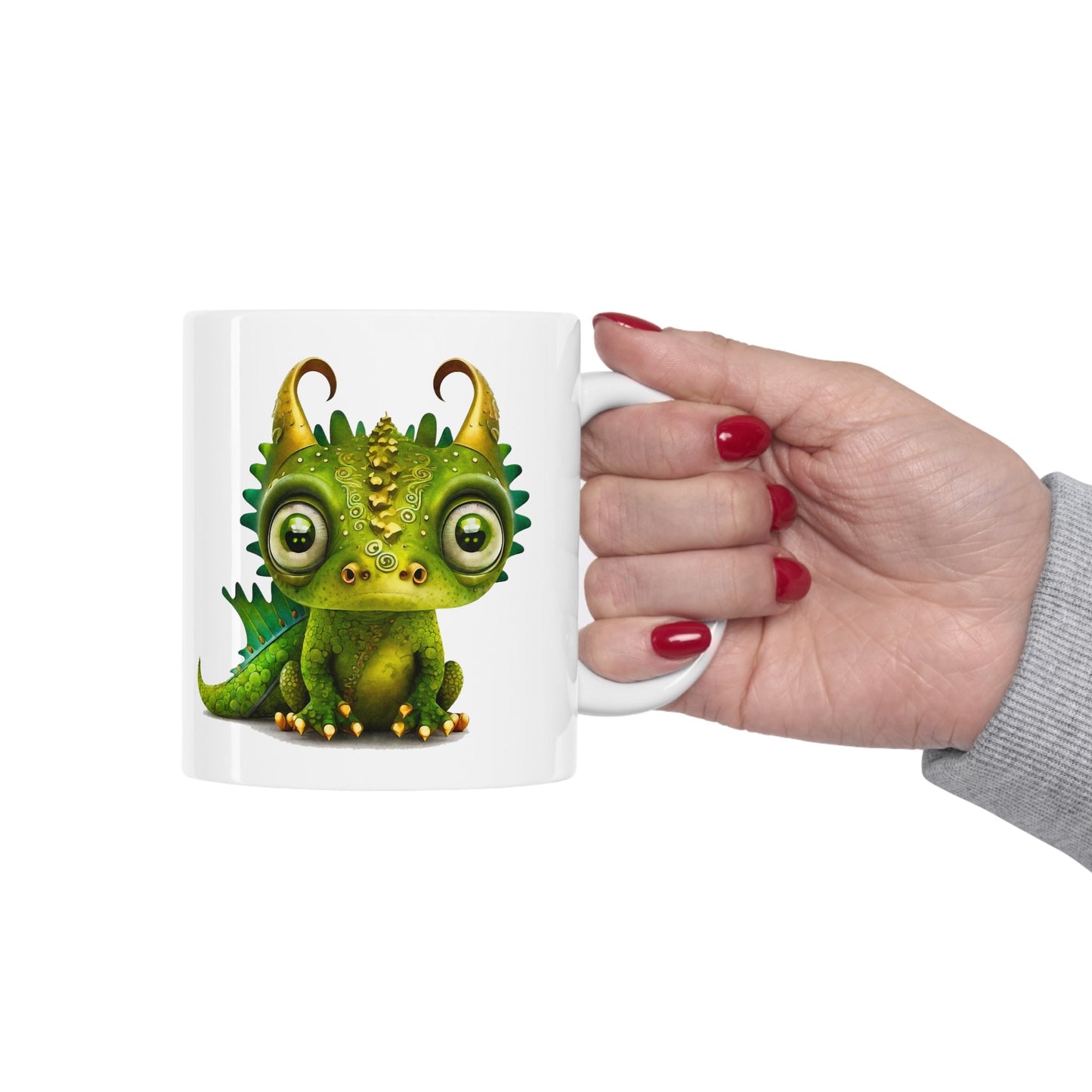 Golden Green Adorable Baby Dragon Coffee Mug, Heart of a Dragon Mug, White Ceramic Mug for Dragon Lovers, Gift Mug for your Dragon Spirit