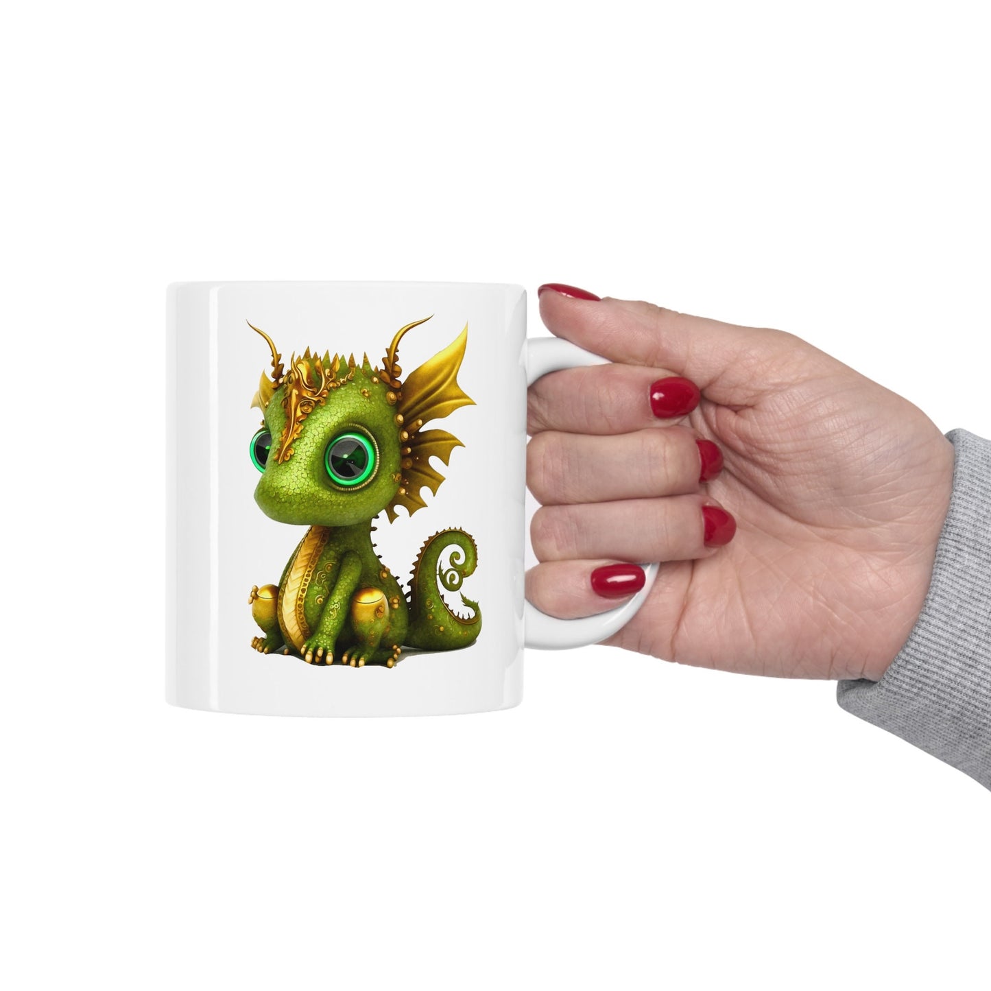 Green and Gold Adorable Baby Dragon Coffee Mug, Heart of a Dragon Mug, White Ceramic Mug for Dragon Lovers, Gift Mug for your Dragon Spirit