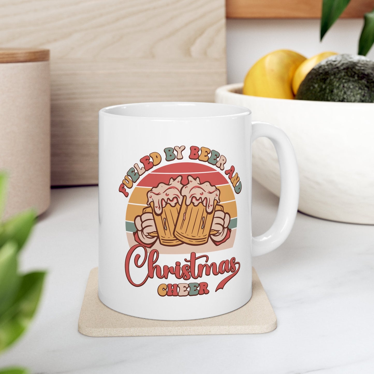 Fueled by Beer Christmas Mug, Perfect Holiday Cheer Coffee Mug, Gift Mug for Christmas Spirit, Cute X-Mas mug for Family and friends
