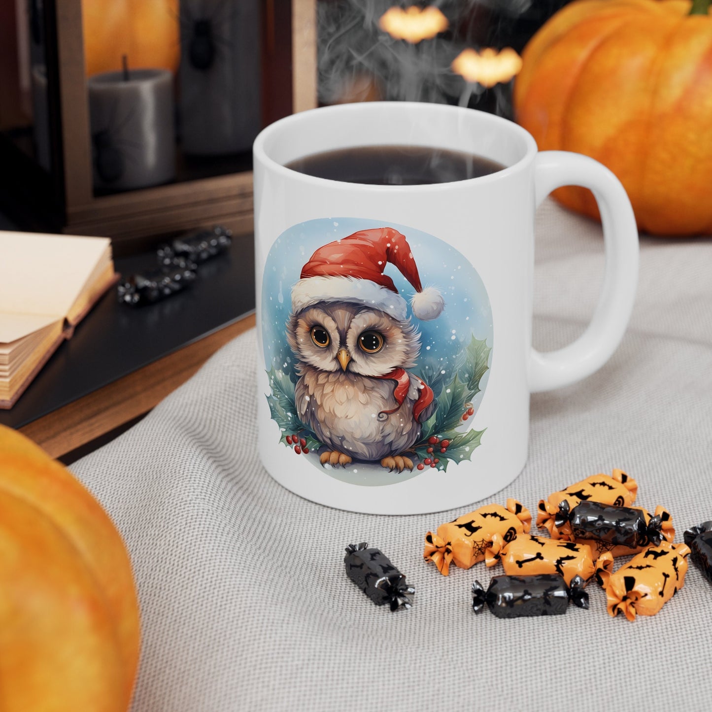Santa Hat Owl Christmas Mug, Perfect Holiday Cheer Coffee Mug, Gift Mug for Christmas Spirit, Cute X-Mas mug for Family and friends