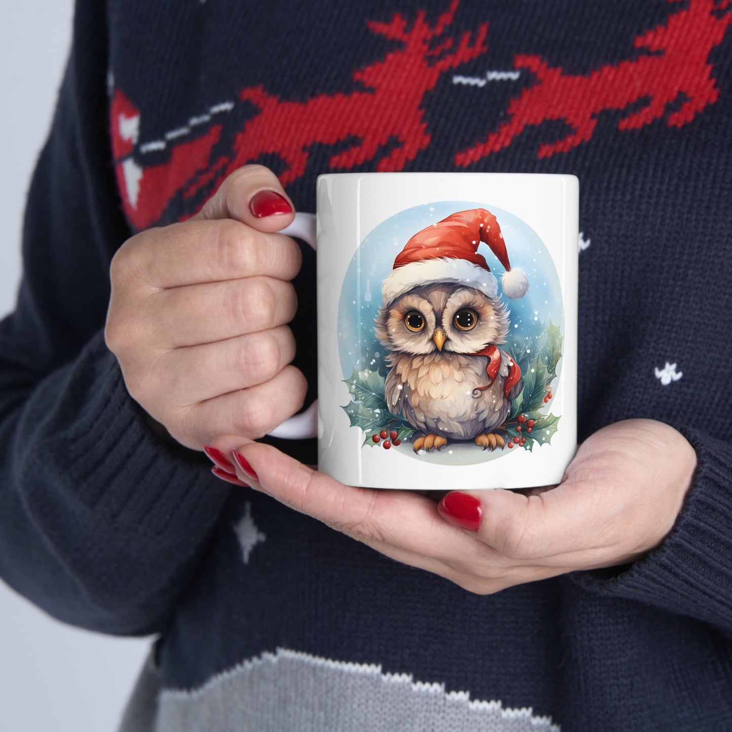 Santa Hat Owl Christmas Mug, Perfect Holiday Cheer Coffee Mug, Gift Mug for Christmas Spirit, Cute X-Mas mug for Family and friends