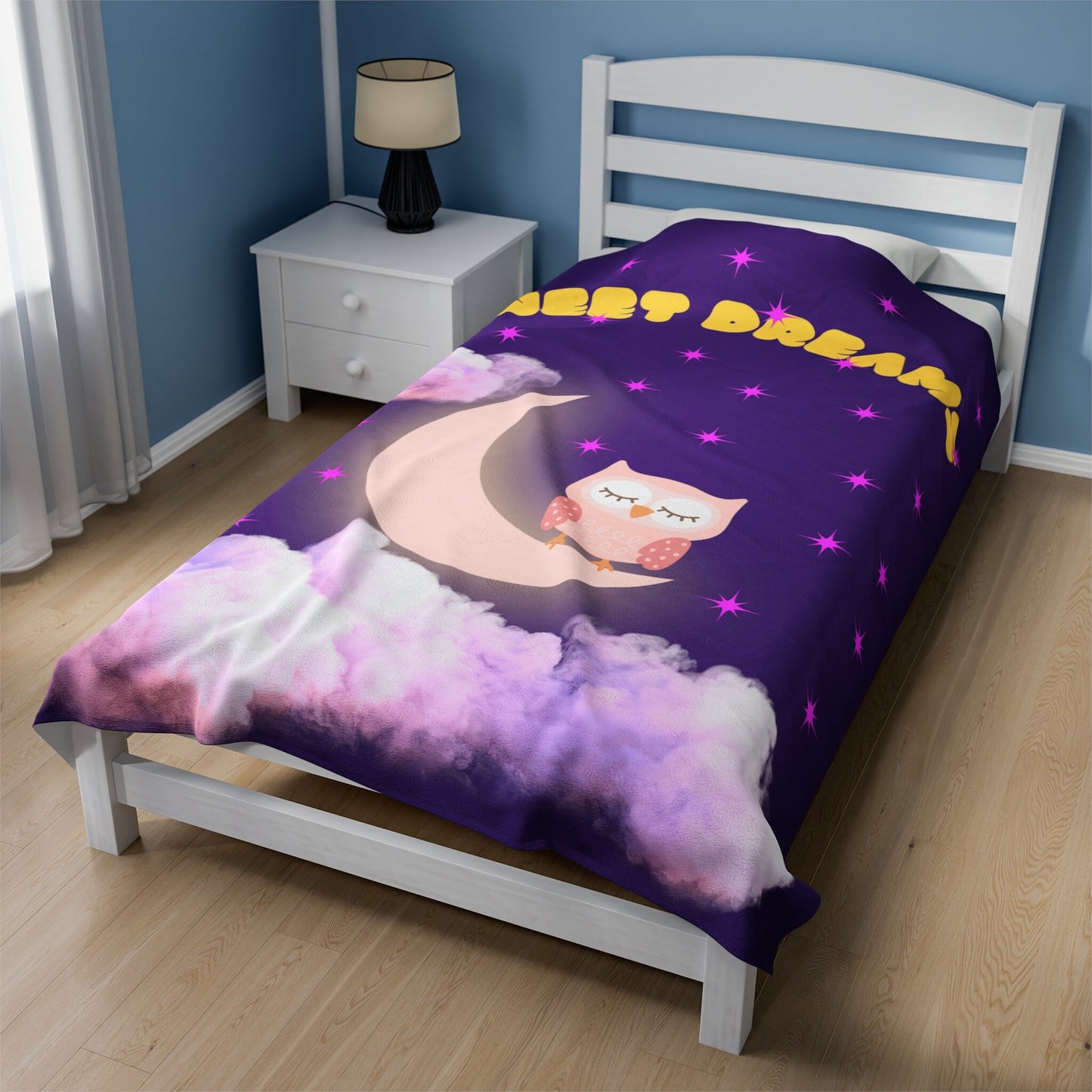gorgeous purple velveteen plush blanket. features the words Sweet Dreams in a soft yellow Font over a star lit sky. A cute owl sits on a crescent moon as the clouds float by.  Perfect for you kids room or nursery.  www.scorpiontees.etsy.com