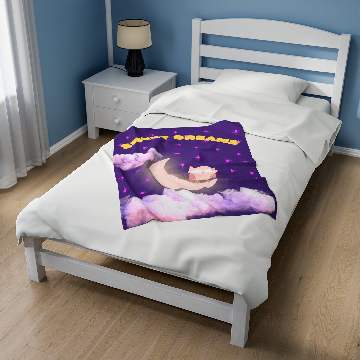 Velveteen Plush Blanket, Cute Sweet Dreams blanket with owl on the moon on star lit sky. Purple Night sky owl cuddly blanket. kids blanky