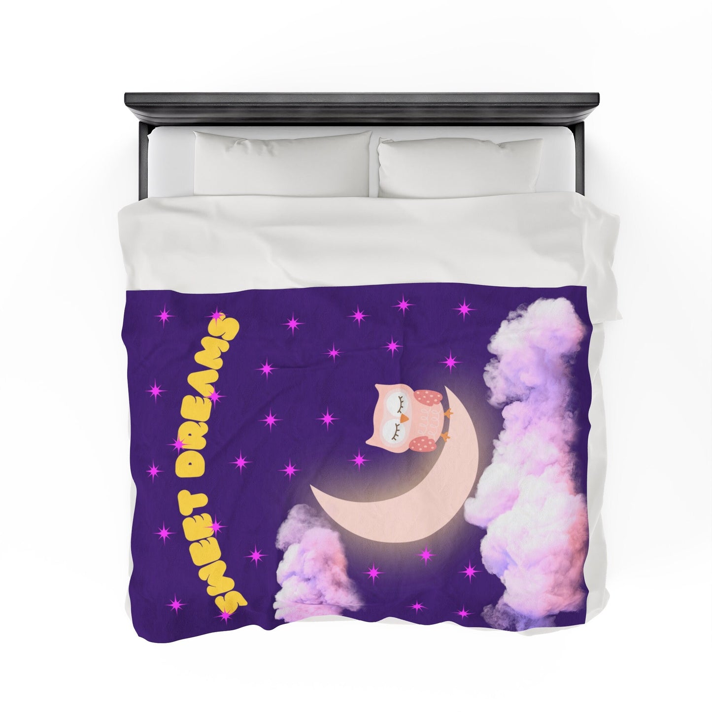 Velveteen Plush Blanket, Cute Sweet Dreams blanket with owl on the moon on star lit sky. Purple Night sky owl cuddly blanket. kids blanky