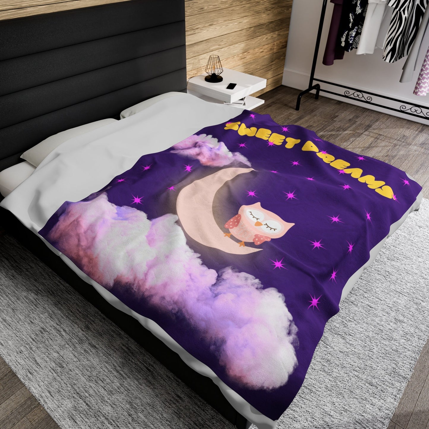 Velveteen Plush Blanket, Cute Sweet Dreams blanket with owl on the moon on star lit sky. Purple Night sky owl cuddly blanket. kids blanky