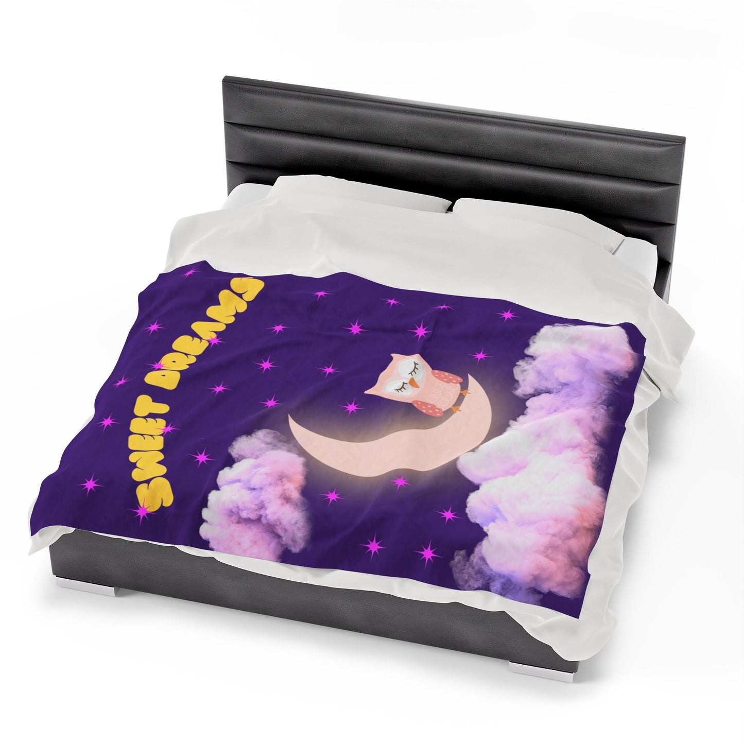 Velveteen Plush Blanket, Cute Sweet Dreams blanket with owl on the moon on star lit sky. Purple Night sky owl cuddly blanket. kids blanky