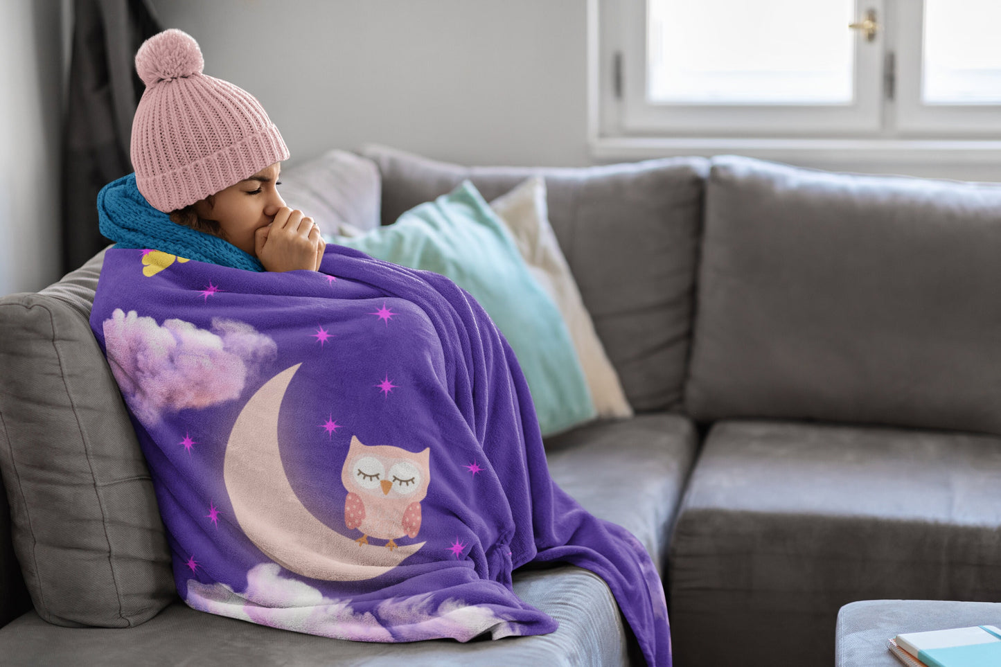 Velveteen Plush Blanket, Cute Sweet Dreams blanket with owl on the moon on star lit sky. Purple Night sky owl cuddly blanket. kids blanky