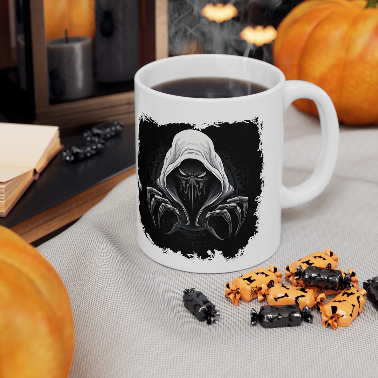 Hooded Scorpion Monster, Scary Creature with Hoodie, Coffee Mug with hooded character, Evil Demon, frightening beast. Horrifying nightmare