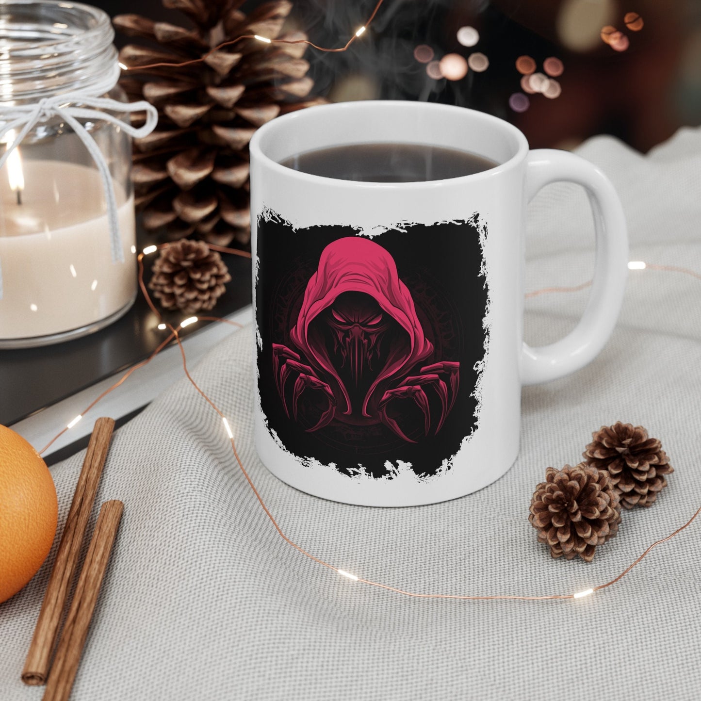 Hooded Scorpion Monster, Scary Creature with Hoodie, Coffee Mug with hooded character, Evil Demon, frightening beast. Horrifying nightmare