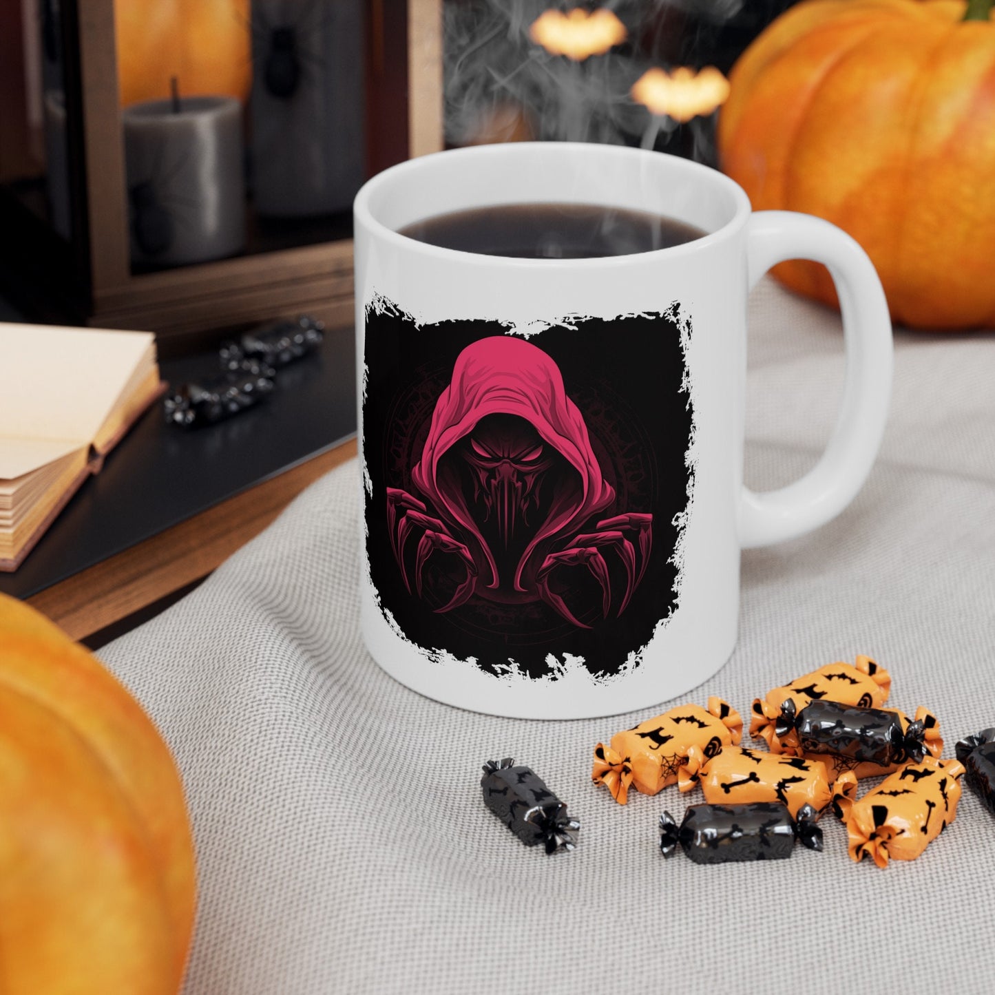 Hooded Scorpion Monster, Scary Creature with Hoodie, Coffee Mug with hooded character, Evil Demon, frightening beast. Horrifying nightmare