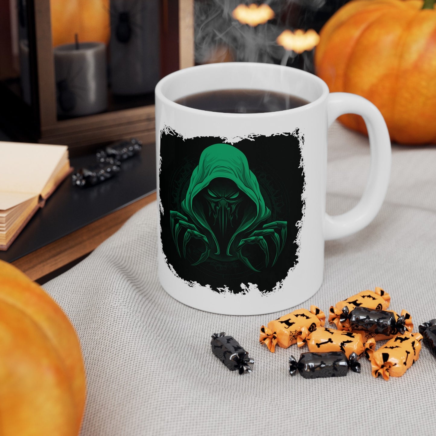 Hooded Scorpion Monster, Scary Creature with Hoodie, Coffee Mug with hooded character, Evil Demon, frightening beast. Horrifying nightmare