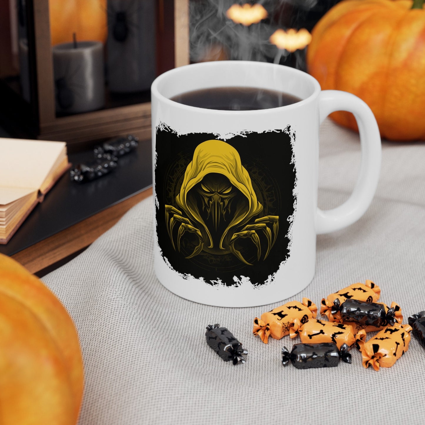 Hooded Scorpion Monster, Scary Creature with Hoodie, Coffee Mug with hooded character, Evil Demon, frightening beast. Horrifying nightmare