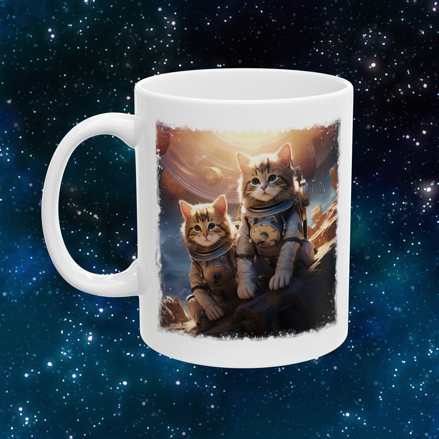 Kittens in Space Coffee Mug, Astronaut Cats Mug, Cats Exploring foreign Planet teacup. Curious Space cats on an alien world Mug,