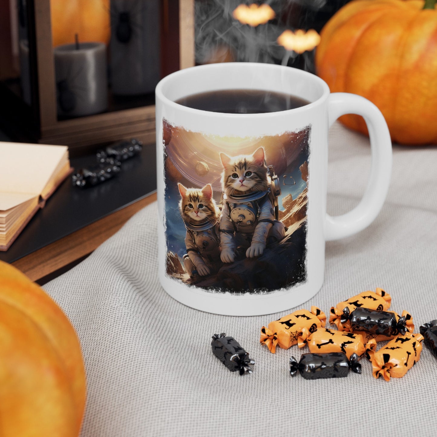 Kittens in Space Coffee Mug, Astronaut Cats Mug, Cats Exploring foreign Planet teacup. Curious Space cats on an alien world Mug,
