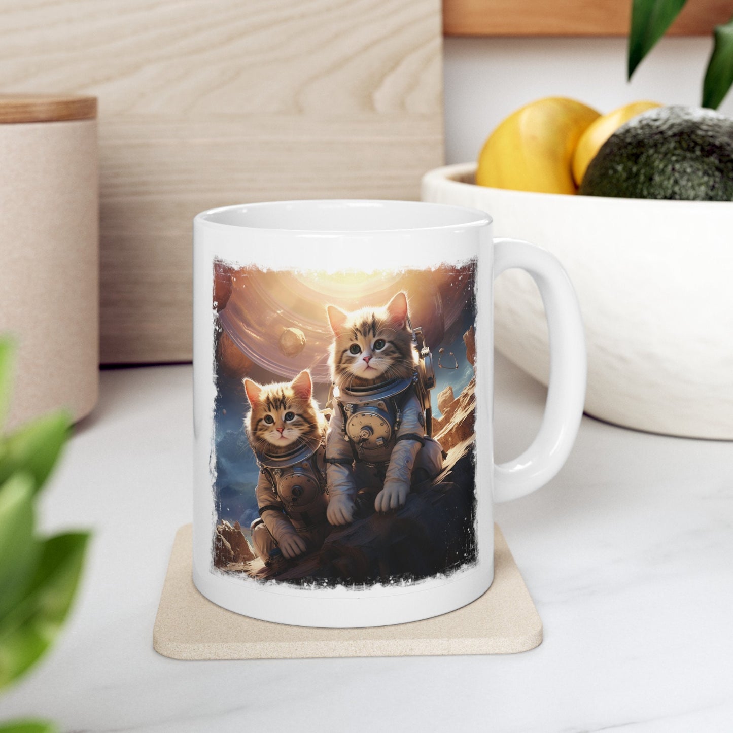 Kittens in Space Coffee Mug, Astronaut Cats Mug, Cats Exploring foreign Planet teacup. Curious Space cats on an alien world Mug,