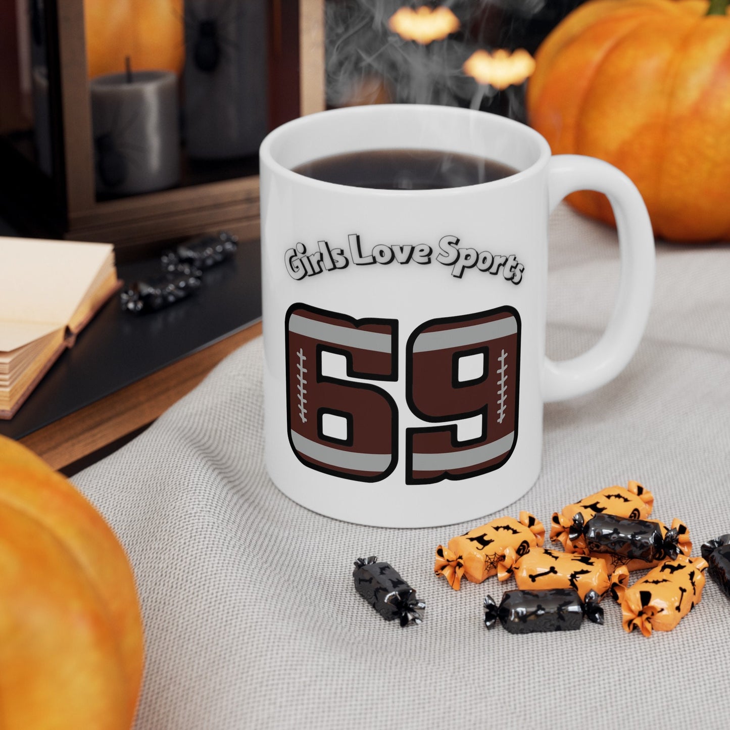 Girls Love Sports 69 numbered Football Coffee Mug.  Girl's love playing with Balls Sporty Womens Mug.  Gift Mug for Girlfriend or Wife.