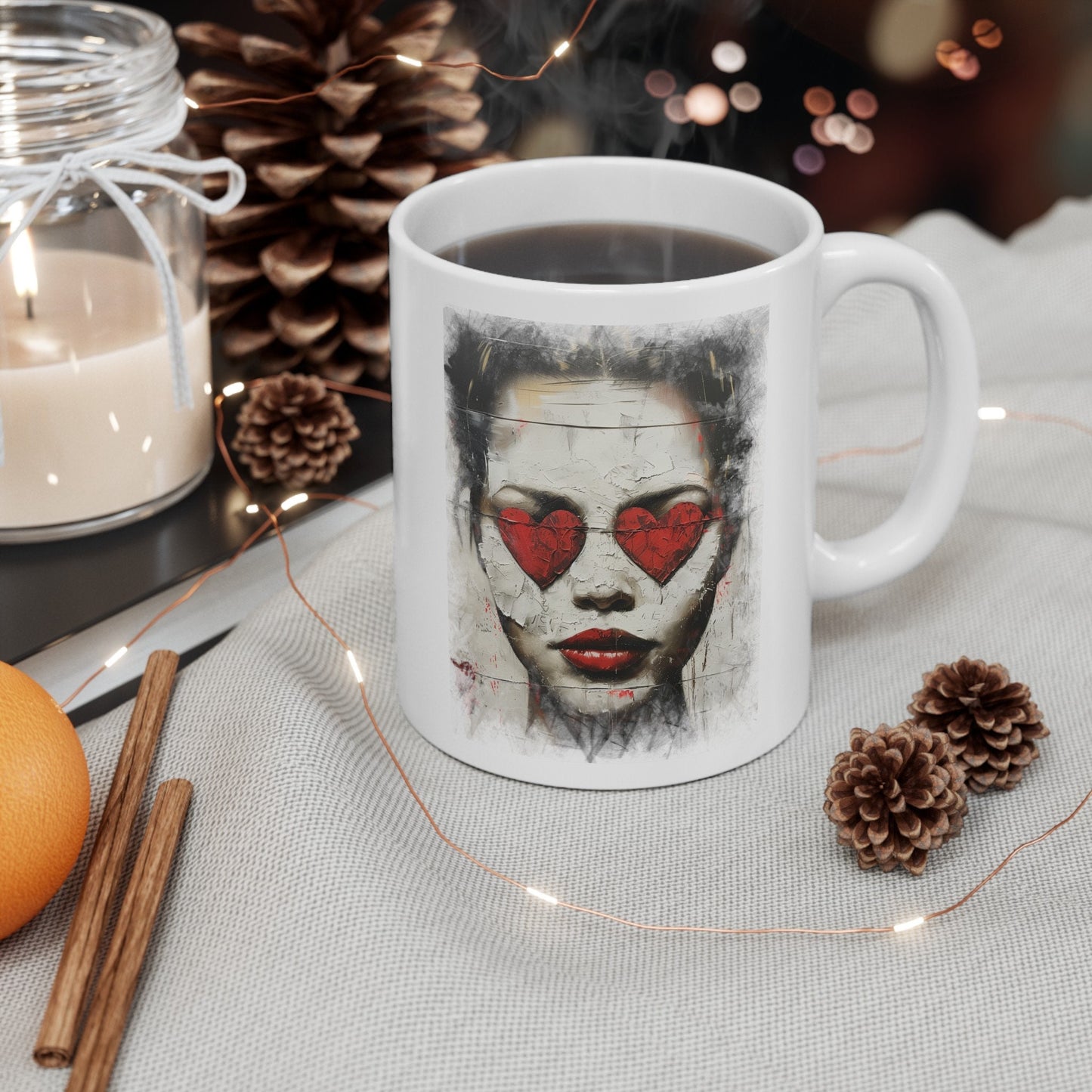 Love can make you Blind Heart eyes girl Coffee Mug, Woman with hearts on her eyes Mug, Love hurts broken girl Cup, you cannot see past Love
