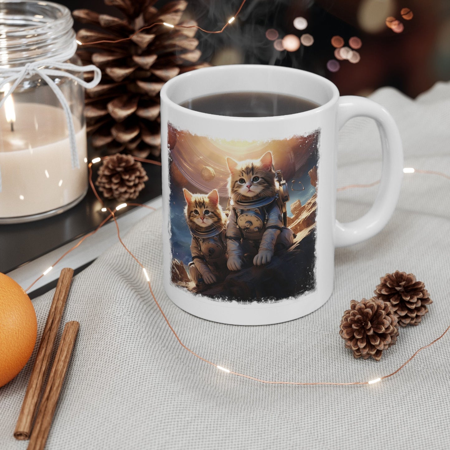 Kittens in Space Coffee Mug, Astronaut Cats Mug, Cats Exploring foreign Planet teacup. Curious Space cats on an alien world Mug,
