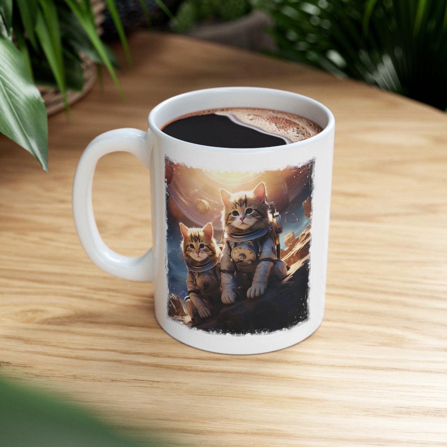 Kittens in Space Coffee Mug, Astronaut Cats Mug, Cats Exploring foreign Planet teacup. Curious Space cats on an alien world Mug,