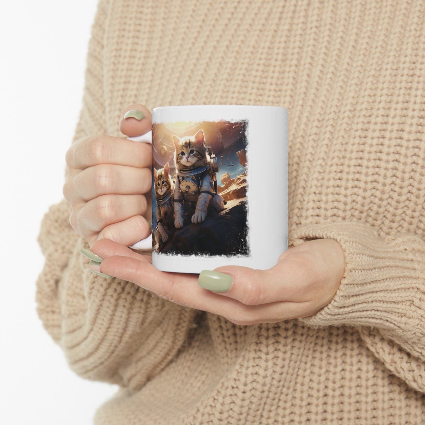 Kittens in Space Coffee Mug, Astronaut Cats Mug, Cats Exploring foreign Planet teacup. Curious Space cats on an alien world Mug,