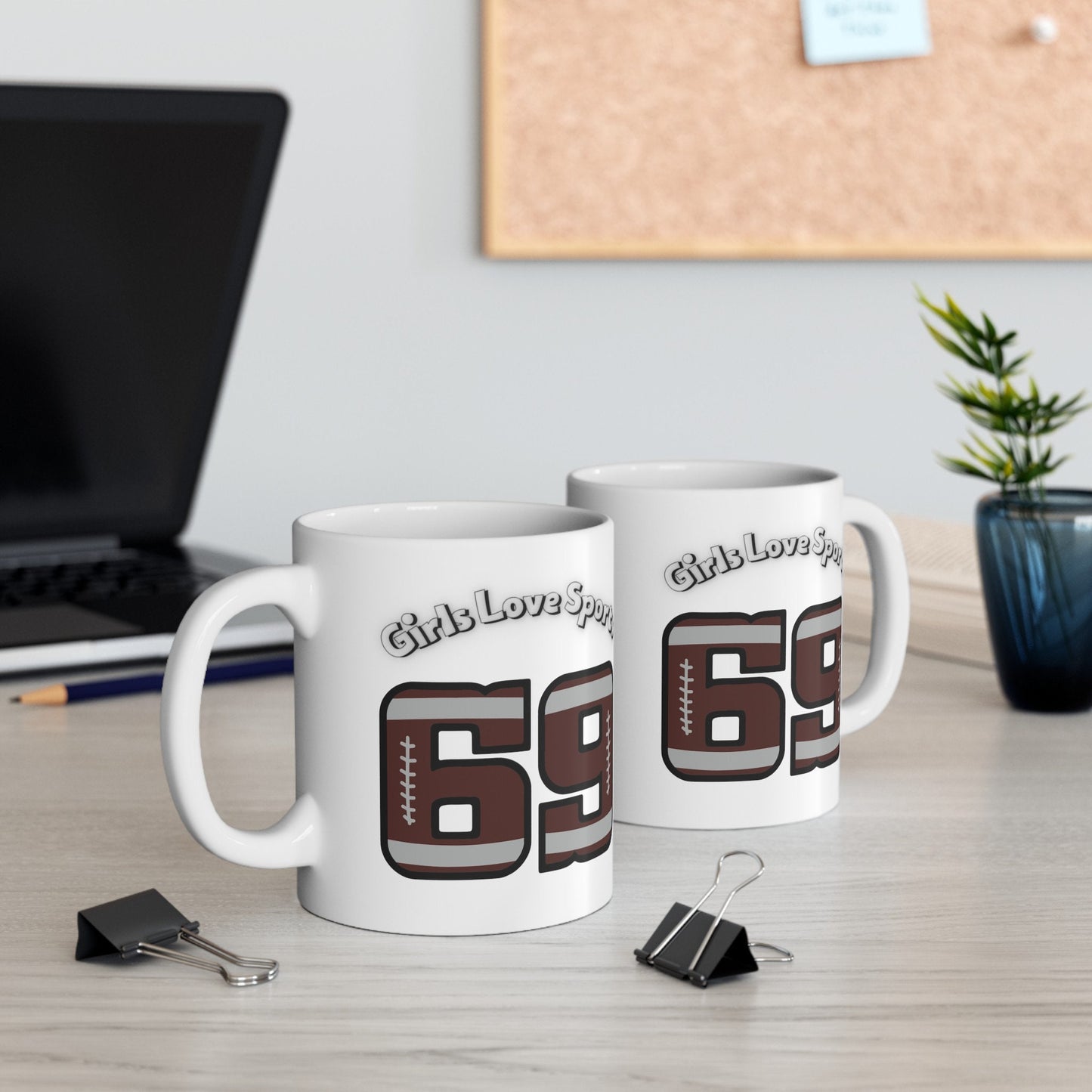 Girls Love Sports 69 numbered Football Coffee Mug.  Girl's love playing with Balls Sporty Womens Mug.  Gift Mug for Girlfriend or Wife.