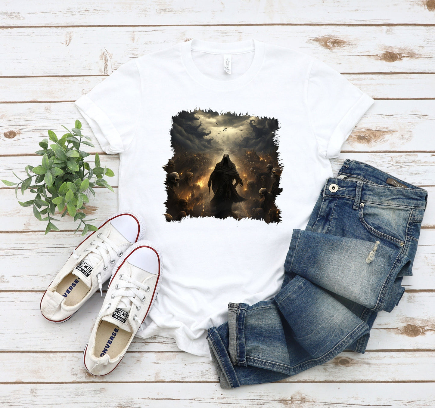 Grim Reaper Walking on Road to Hell Shirt with Skeletons on Each Side, Gothic Horror Graphic Tee, Dark Fantasy Art Apparel
