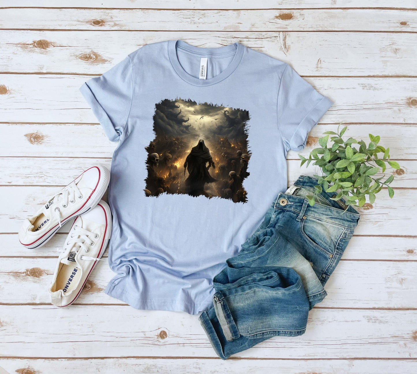 Grim Reaper Walking on Road to Hell Shirt with Skeletons on Each Side, Gothic Horror Graphic Tee, Dark Fantasy Art Apparel