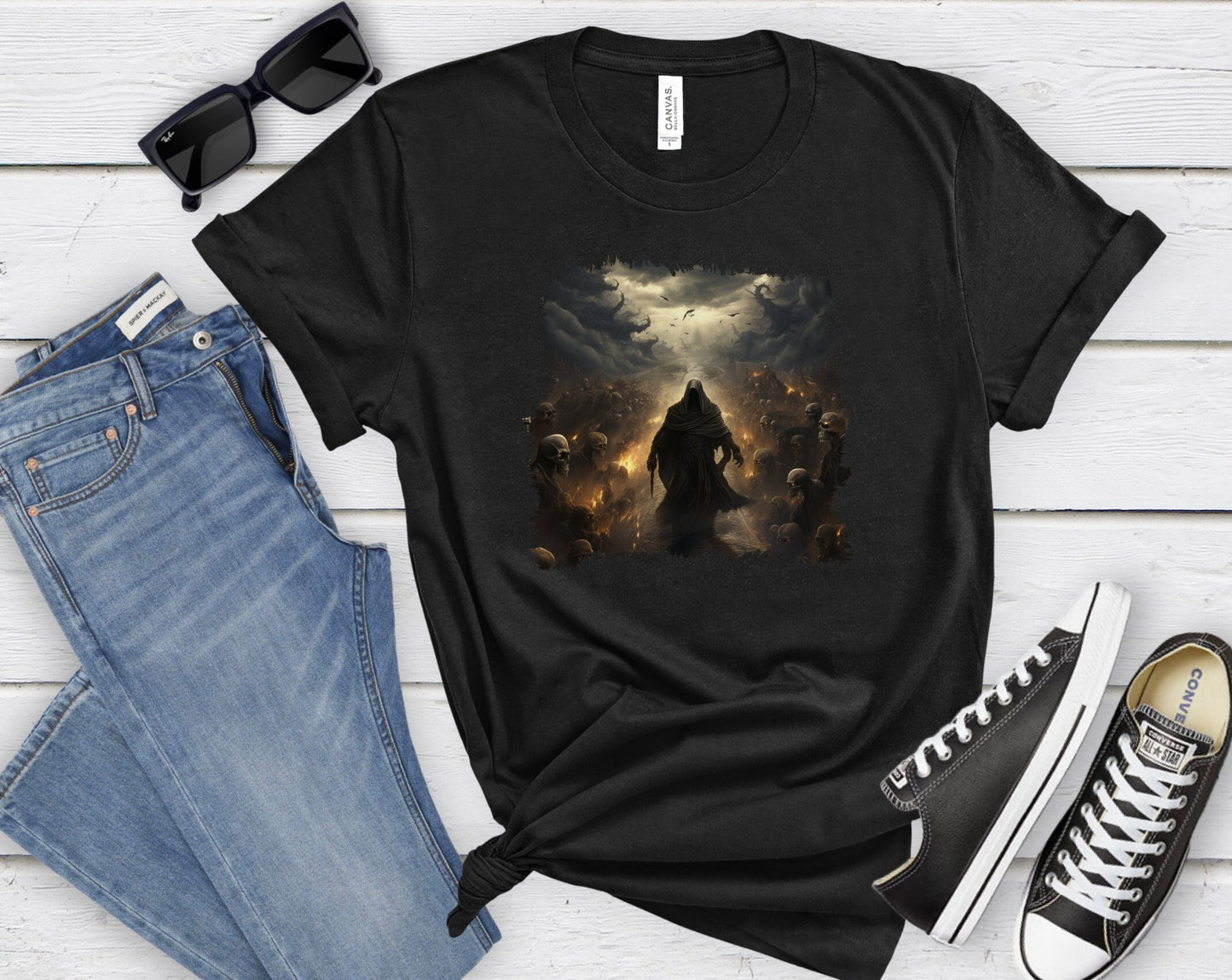Grim Reaper Walking on Road to Hell Shirt with Skeletons on Each Side, Gothic Horror Graphic Tee, Dark Fantasy Art Apparel