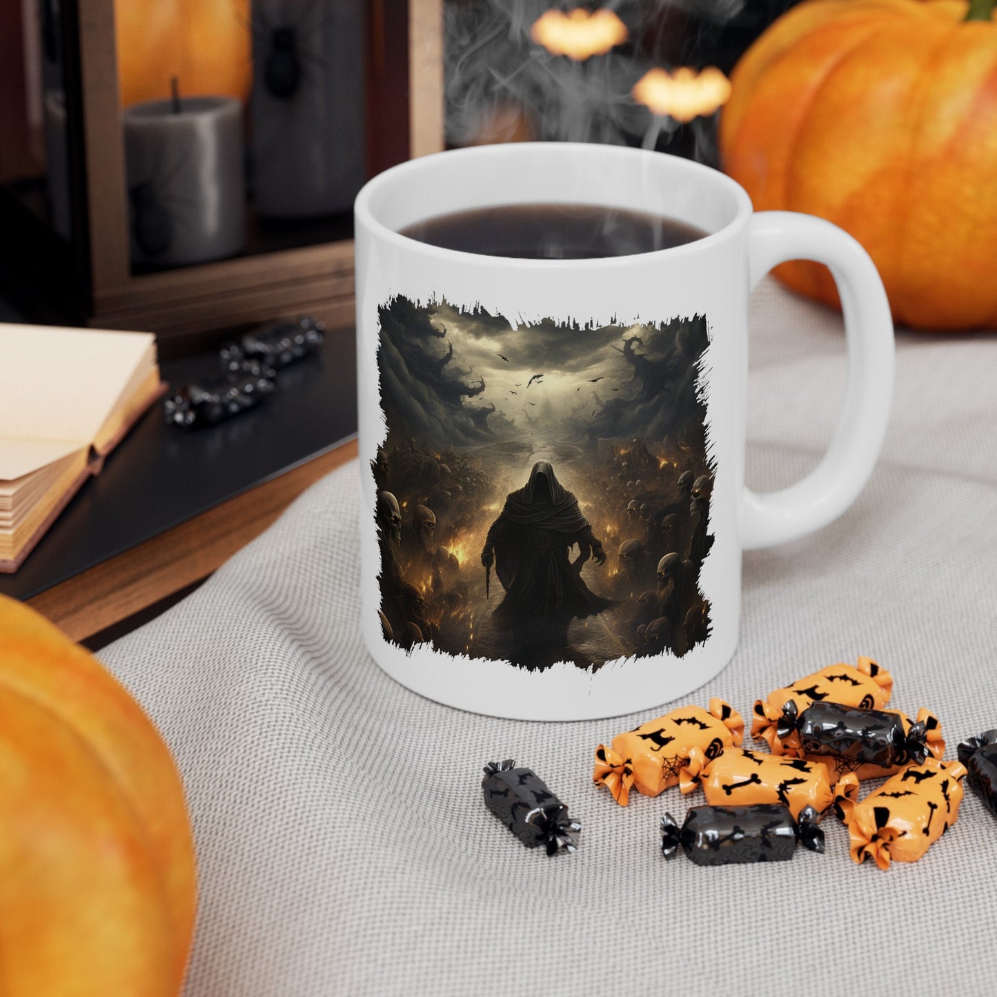 Grim Reaper Walking on Road to Hell with Skeletons Coffee Mug, Gothic Horror Graphic Cup, Dark Fantasy Art Drinkware