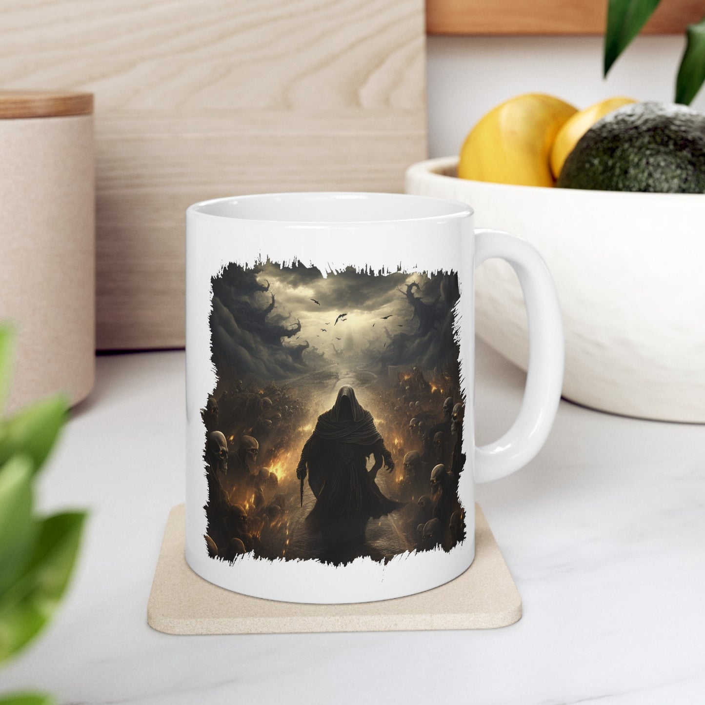 Grim Reaper Walking on Road to Hell with Skeletons Coffee Mug, Gothic Horror Graphic Cup, Dark Fantasy Art Drinkware