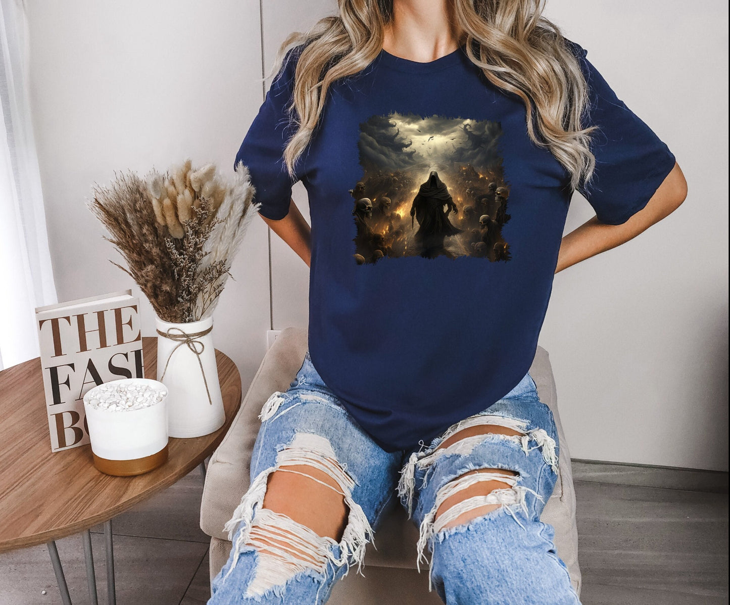Grim Reaper Walking on Road to Hell Shirt with Skeletons on Each Side, Gothic Horror Graphic Tee, Dark Fantasy Art Apparel