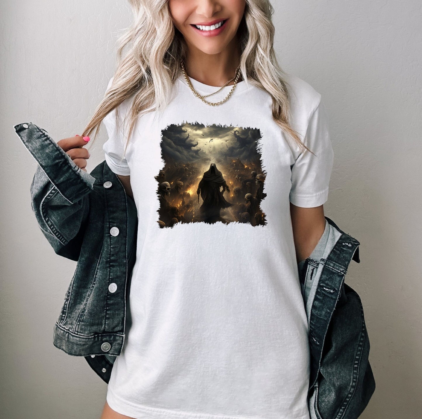 Grim Reaper Walking on Road to Hell Shirt with Skeletons on Each Side, Gothic Horror Graphic Tee, Dark Fantasy Art Apparel