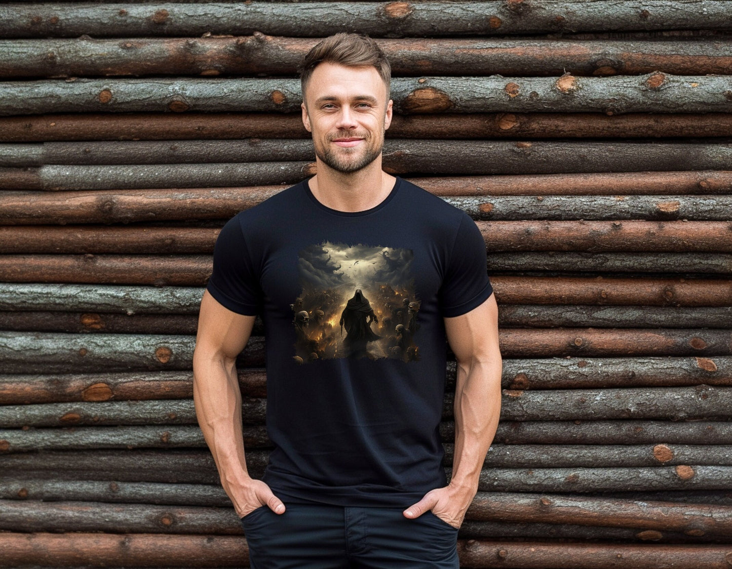 Grim Reaper Walking on Road to Hell Shirt with Skeletons on Each Side, Gothic Horror Graphic Tee, Dark Fantasy Art Apparel