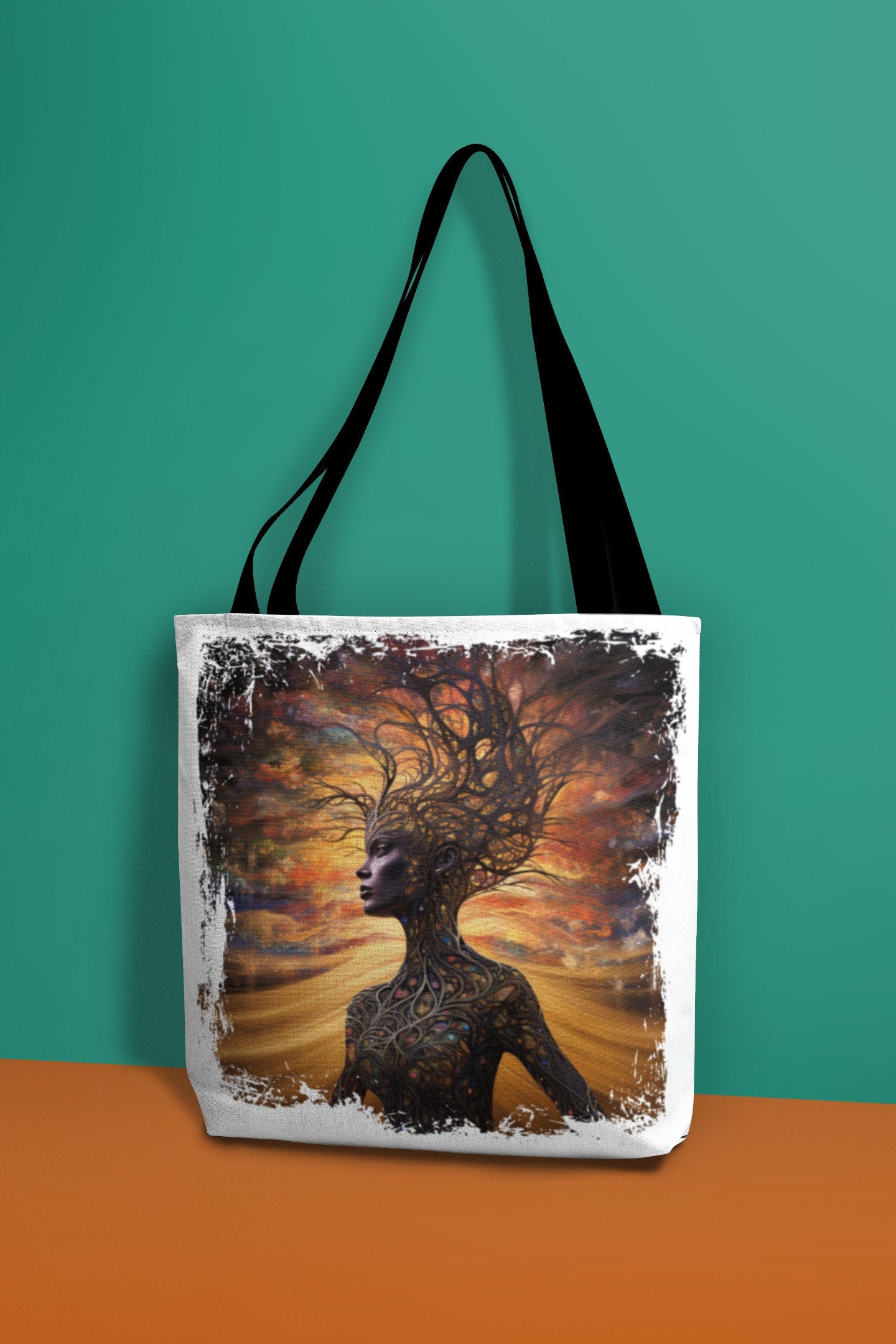 Beautiful and Convenient Mother Earth Tote bag.  Available in White or Earthy Brown backgrounds.  Features a beautiful brown skin woman and her body is made of tree branches.  There is a golden sky at sunset behind her.  www.scorpiontees.etsy.com