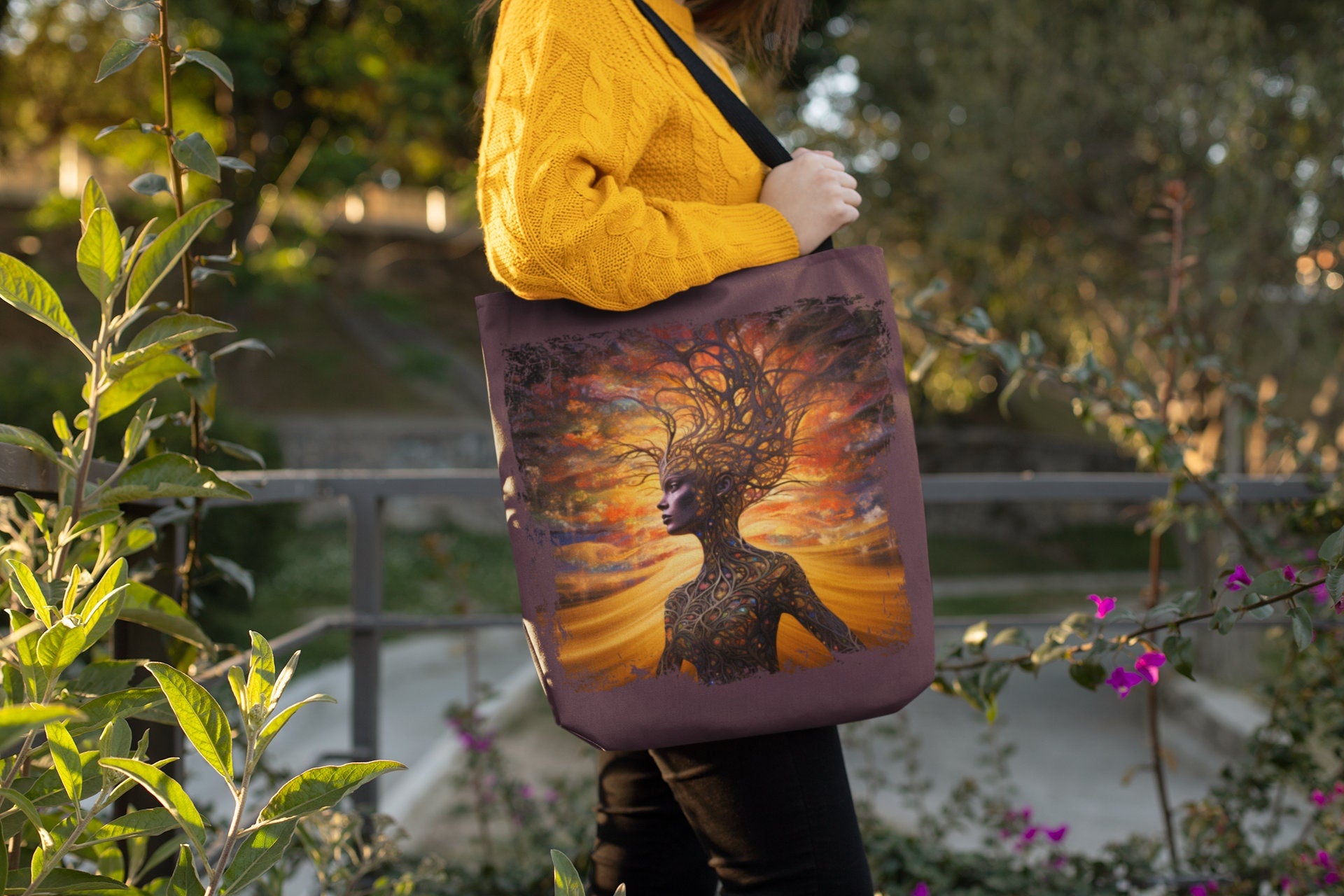 Beautiful and Convenient Mother Earth Tote bag.  Available in White or Earthy Brown backgrounds.  Features a beautiful brown skin woman and her body is made of tree branches.  There is a golden sky at sunset behind her.  www.scorpiontees.etsy.com