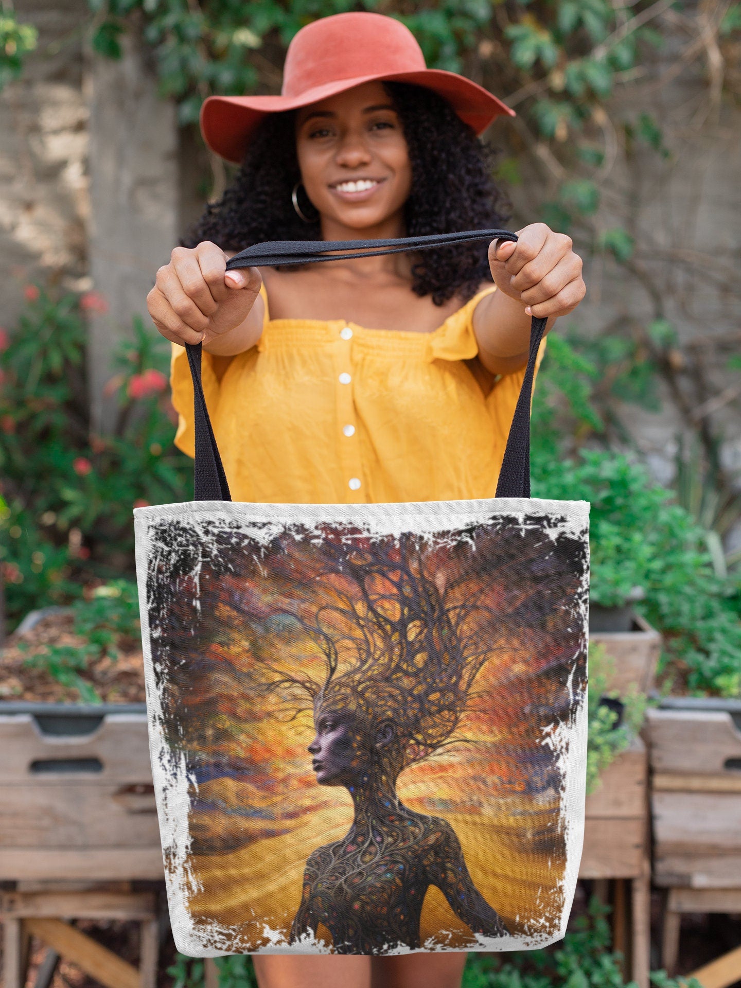 Beautiful and Convenient Mother Earth Tote bag.  Available in White or Earthy Brown backgrounds.  Features a beautiful brown skin woman and her body is made of tree branches.  There is a golden sky at sunset behind her.  www.scorpiontees.etsy.com