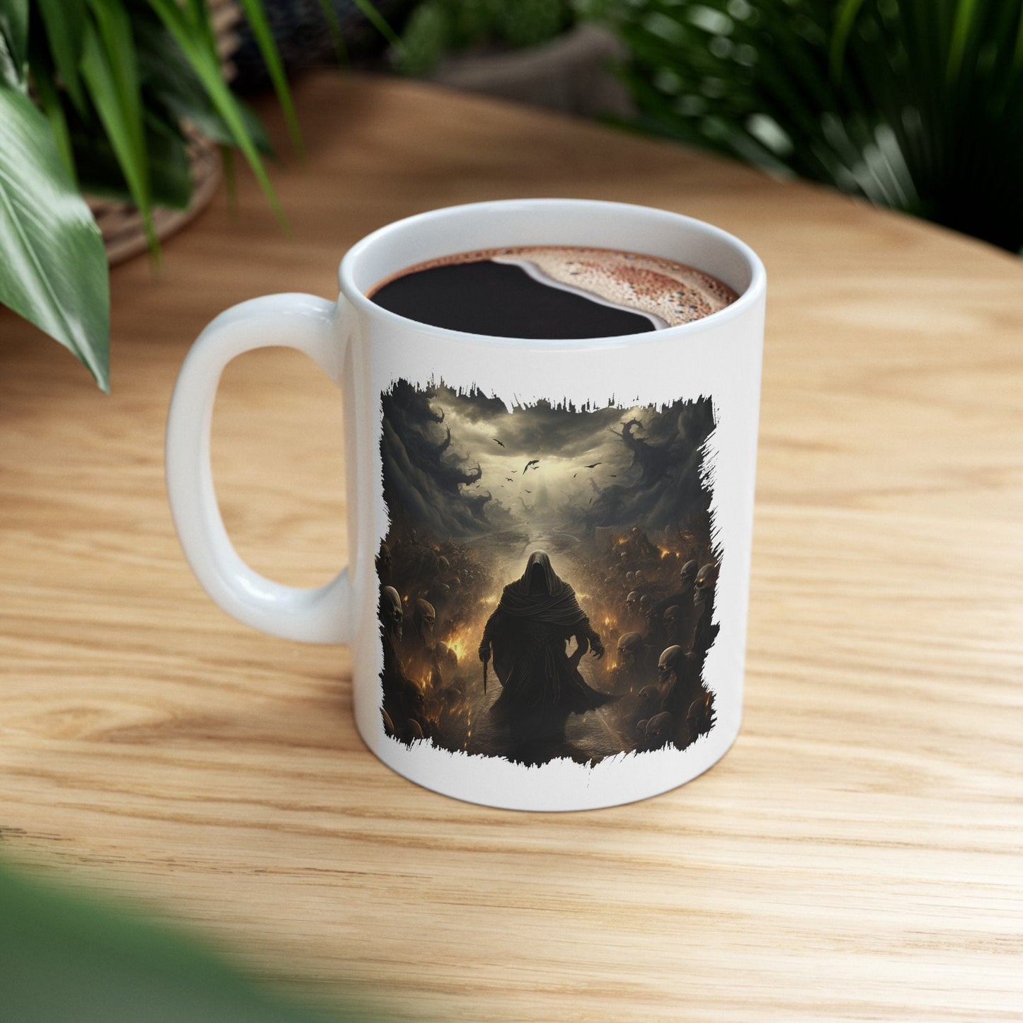 Grim Reaper Walking on Road to Hell with Skeletons Coffee Mug, Gothic Horror Graphic Cup, Dark Fantasy Art Drinkware