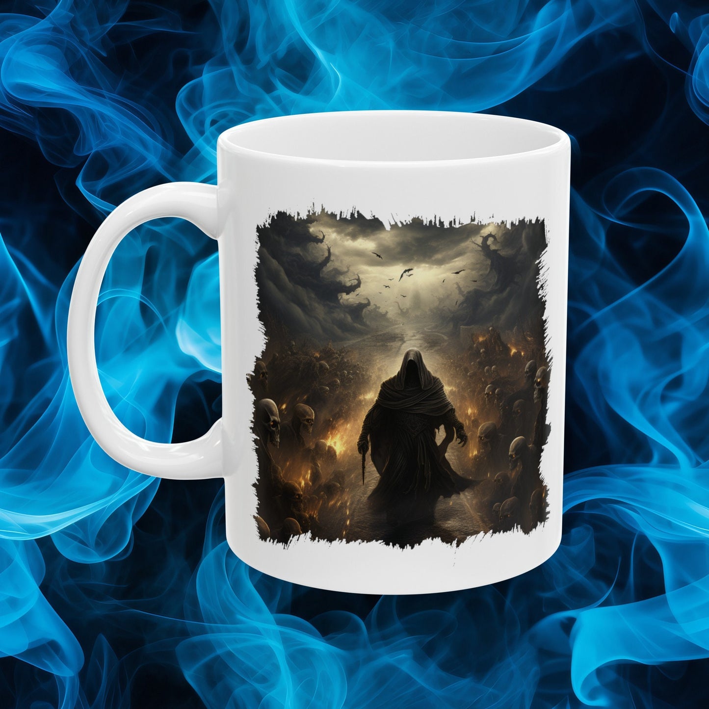 Grim Reaper Walking on Road to Hell with Skeletons Coffee Mug, Gothic Horror Graphic Cup, Dark Fantasy Art Drinkware