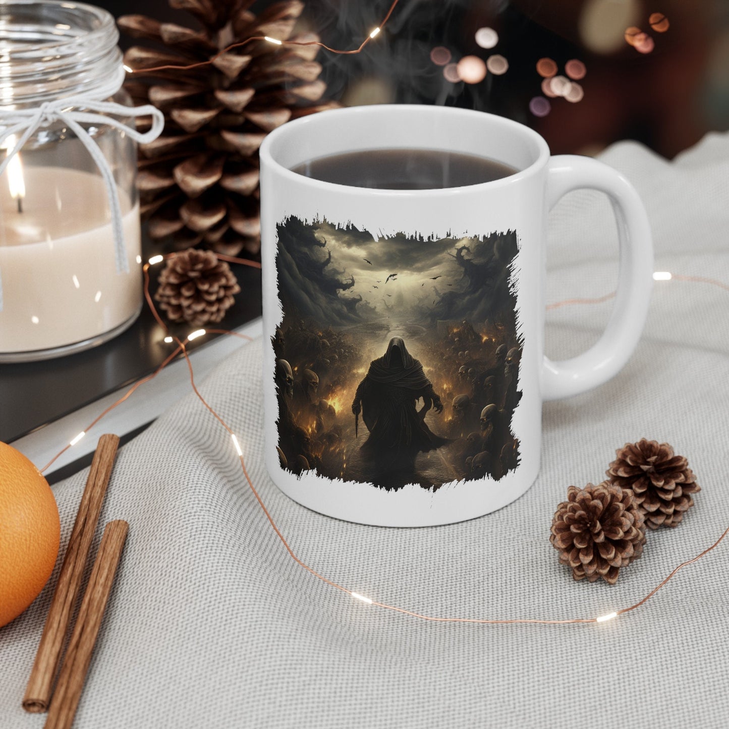 Grim Reaper Walking on Road to Hell with Skeletons Coffee Mug, Gothic Horror Graphic Cup, Dark Fantasy Art Drinkware