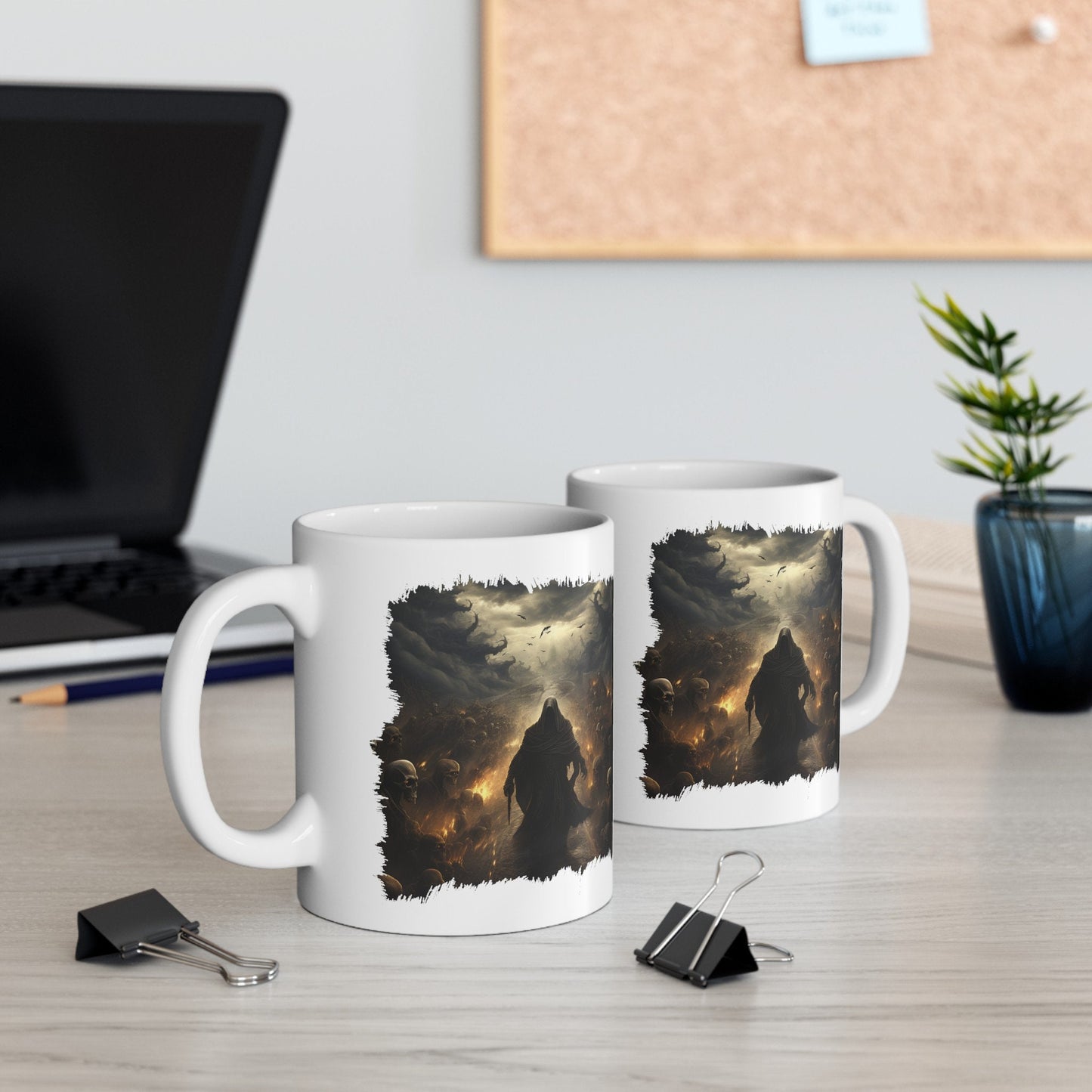 Grim Reaper Walking on Road to Hell with Skeletons Coffee Mug, Gothic Horror Graphic Cup, Dark Fantasy Art Drinkware